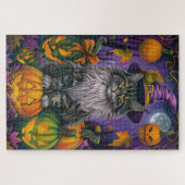 Spooky Siberian Cat Halloween Hexe und Kürbis Puzzle (Horizontal)