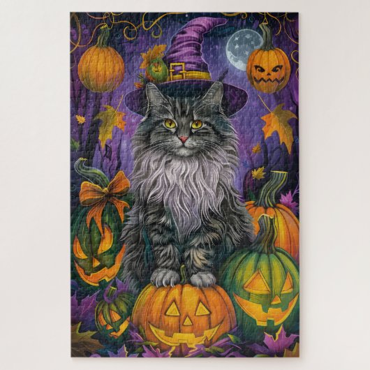 Spooky Siberian Cat Halloween Hexe und Kürbis Puzzle (Vertikal)