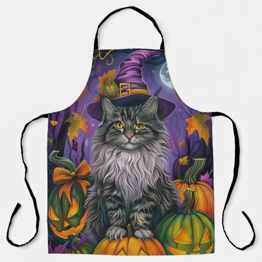Spooky Siberian Cat Halloween Hexe und Kürbis Schürze (Vorderseite)