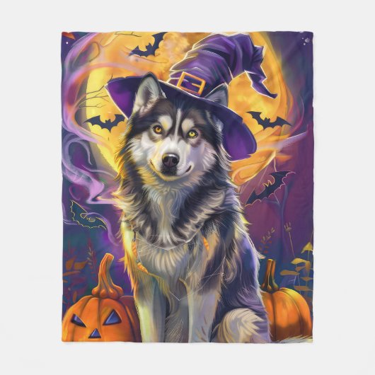 Spooky Siberian Husky Dog Halloween Hexenkürbis Fleecedecke (Vorderseite)