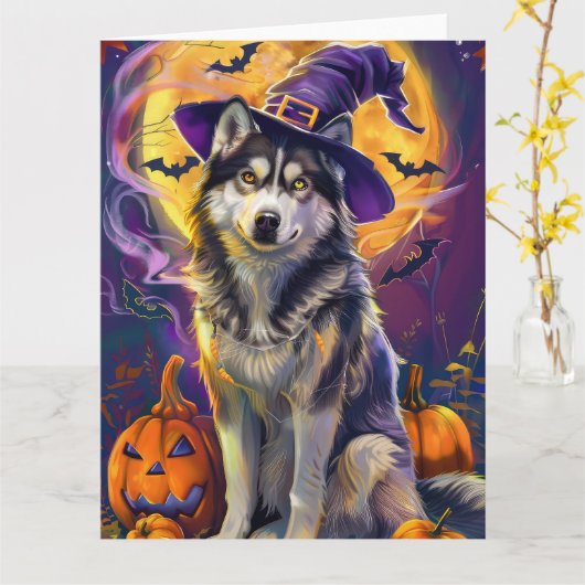 Spooky Siberian Husky Dog Halloween Hexenkürbis Karte (Gelbe Blume)
