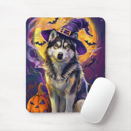 Spooky Siberian Husky Dog Halloween Hexenkürbis Mousepad (Mit Mouse)