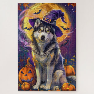 Spooky Siberian Husky Dog Halloween Hexenkürbis Puzzle