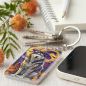 Spooky Siberian Husky Dog Halloween Hexenkürbis Schlüsselanhänger (Vorderseite rechts)