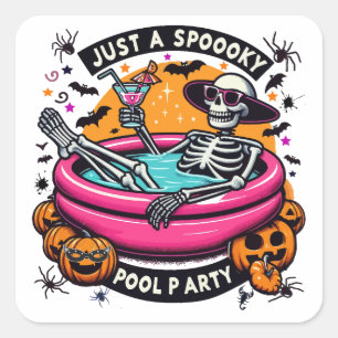 Spooky Skeleton Halloween Pool Party Design! Quadratischer Aufkleber