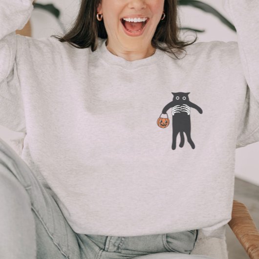 Spooky Skeleton Hand Holding Black Cat Halloween Sweatshirt