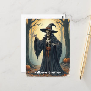 Spooky Skeleton Hexe im Spuk WaldHalloween Postkarte