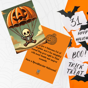 Spooky Skeleton in Pumpkin Parachute, Halloween Feiertagskarte