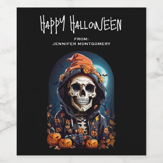 Spooky Skeleton mit Bösen Pumpkins Weinetikett (Einzelnes Label)