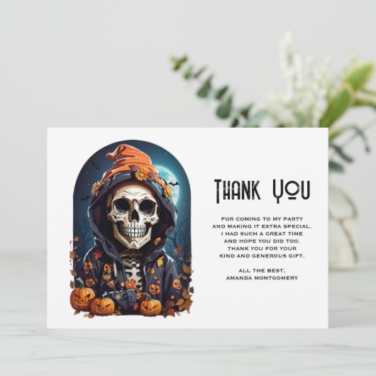 Spooky Skeleton mit Evil Pumpkins Danke (Stehend Vorderseite)