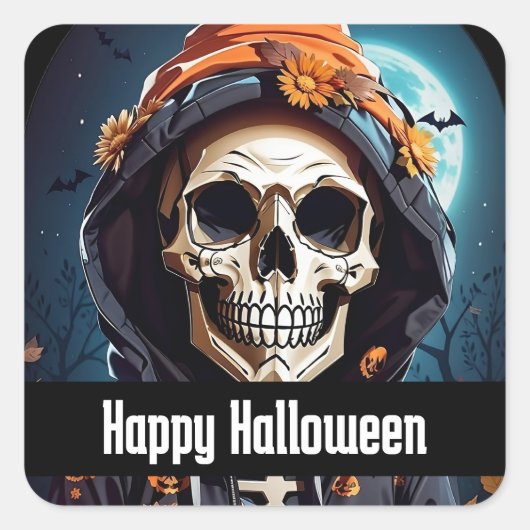 Spooky Skeleton mit Evil Pumpkins Halloween Quadratischer Aufkleber (Vorderseite)