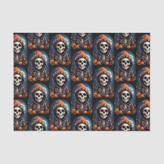 Spooky Skeleton mit Evil Pumpkins Pattern Seidenpapier (Vorderseite)