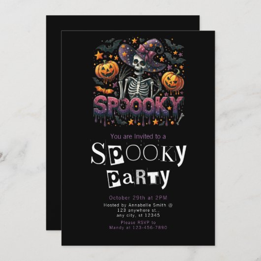 Spooky Skeleton Modernes Minimalistisches Hallowee Einladung (Vorne/Hinten)