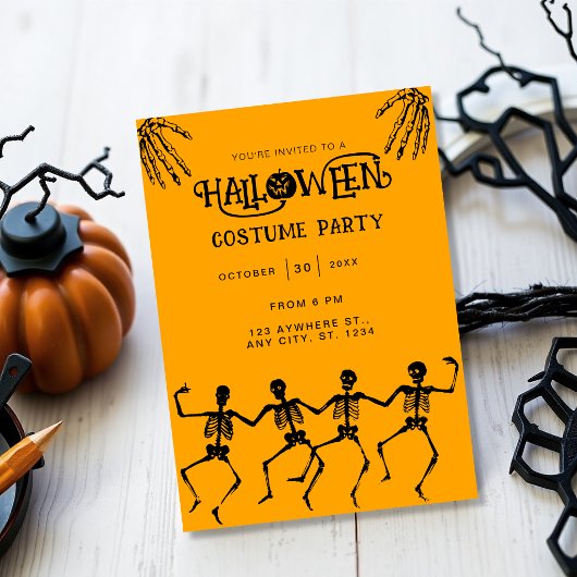 Spooky Skeleton Orange & Black Halloween-Party Einladung