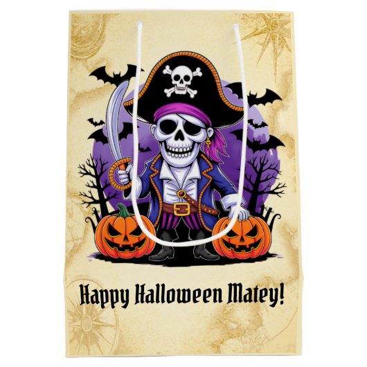 Spooky Skeleton Pirate Halloween Mittlere Geschenktüte (Rückseite)