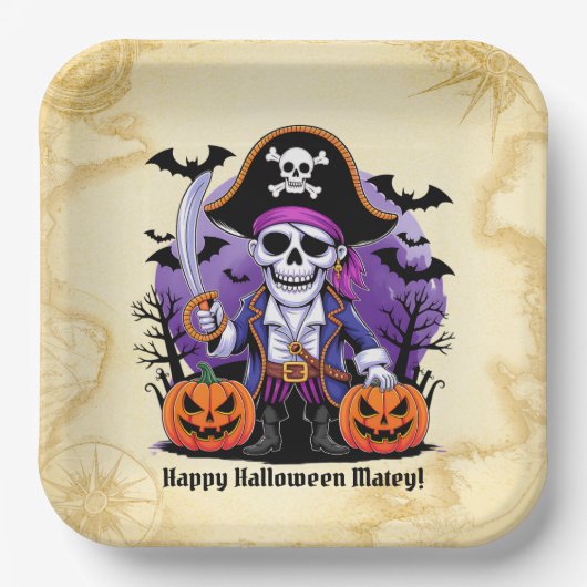 Spooky Skeleton Pirate Halloween Pappteller (Vorderseite)