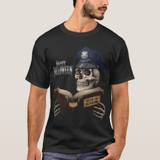 Spooky Skeleton Polizist Lesen Buch des Horrors T-Shirt (Vorderseite)
