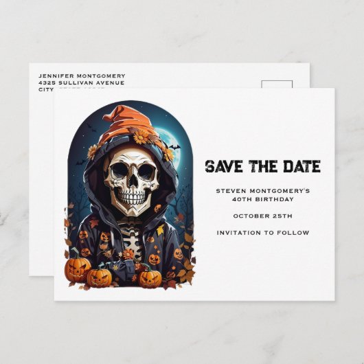 Spooky Skeleton Save the Date mit Bösen Pumpkins Einladungspostkarte (Vorne/Hinten)