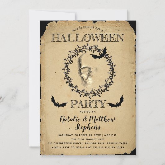 Spooky Skelett und Fledermäuse Kranz Halloween-Par Einladung (Vorderseite)