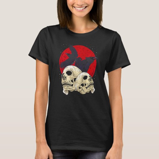 Spooky Skull Creepy Skeleton Head Crow Gothic Bird T-Shirt (Vorderseite)