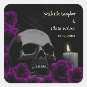 Spooky Skull Lila Rose Gothic Halloween Weddin Quadratischer Aufkleber