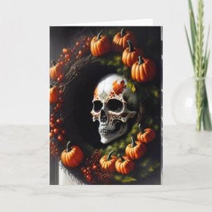 Spooky Skull und Pumpkin Wreath Feiertagskarte