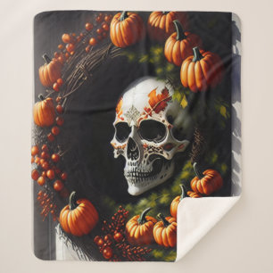Spooky Skull und Pumpkin Wreath Sherpadecke