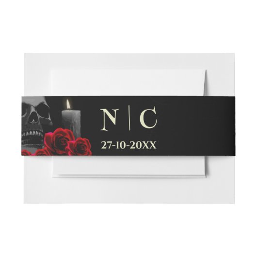 Spooky Skull und Rote Rosen Halloween-Bauch Einladungsbanderole (Vorderseite Beispiel)