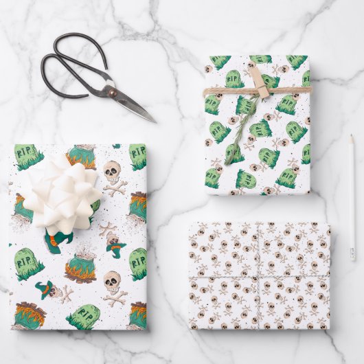 Spooky Skulls und Grabsteine Halloween Geschenkpapier Set (Vorderseite)