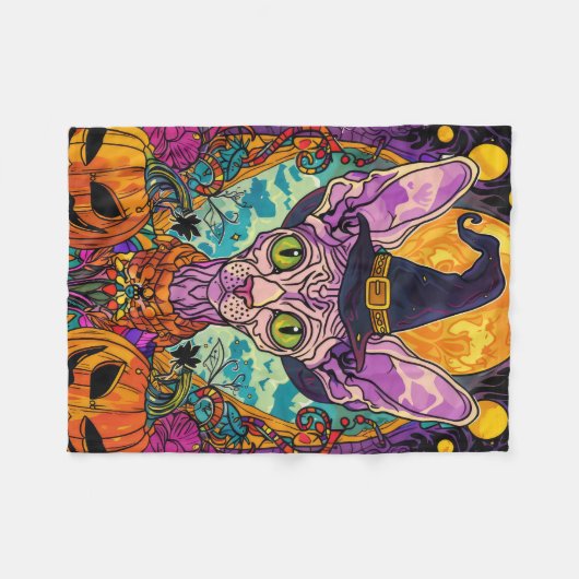 Spooky Sphynx Cat Halloween und Pumpkin Fleecedecke (Vorderseite (Horizontal))