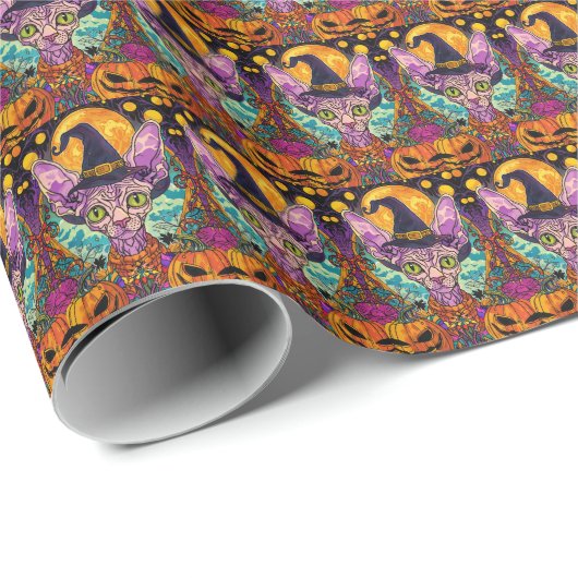 Spooky Sphynx Cat Halloween und Pumpkin Geschenkpapier (Rolleneckpunkt)