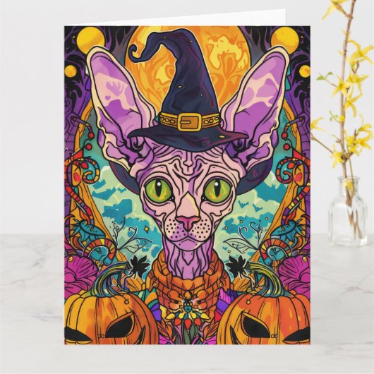Spooky Sphynx Cat Halloween und Pumpkin Karte (Gelbe Blume)