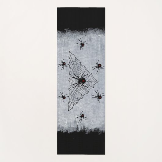 Spooky Spiderweb Black Widow Spider auf Schwarz-we Yogamatte (Vorderseite)