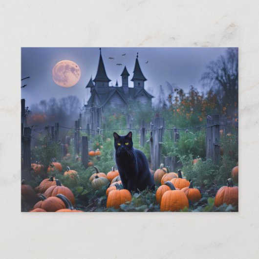 Spooky Spuk House Black Cat Pumpkins Feiertagspostkarte (Vorderseite)