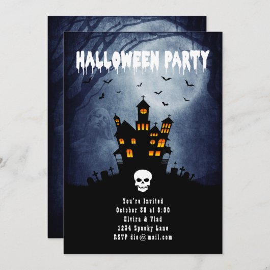 Spooky Spuk House mit Blue Ghost Einladung (Vorne/Hinten)