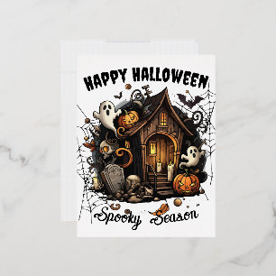 🎃 Spooky Spuk House Postcard - WEISSE 👻 🕷️ Folien Feiertagspostkarte