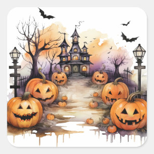 Spooky Spuk House Pumpkins Halloween Quadratischer Aufkleber