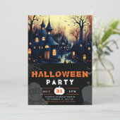 Spooky Spuk Town Houses Pumpkins Halloween Einladung (Stehend Vorderseite)