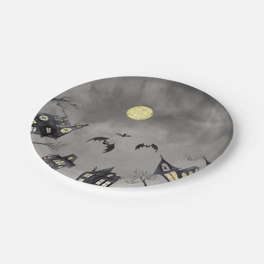 Spooky Stadt Wasserfarbe Halloween Papierplatte Pappteller (Schrägansicht)