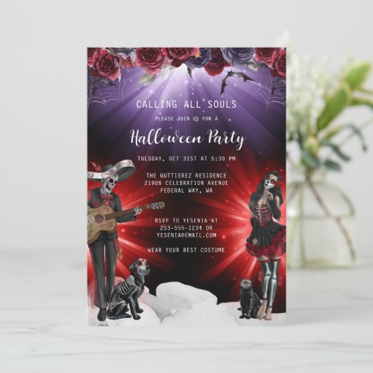 Spooky Sugar Skull Halloween-Party Einladung (Stehend Vorderseite)