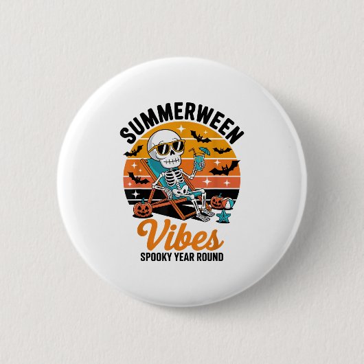 Spooky Summer Beach Skeleton Funny Halloween Somme Button (Vorderseite)