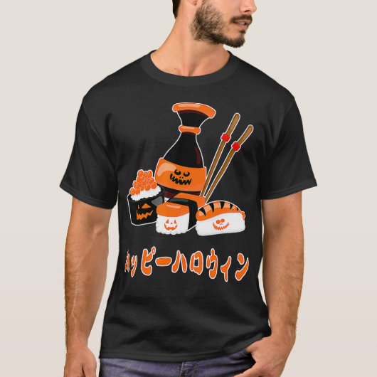 Spooky Sushi Happy Halloween in Japanisch Sashimi T-Shirt (Vorderseite)