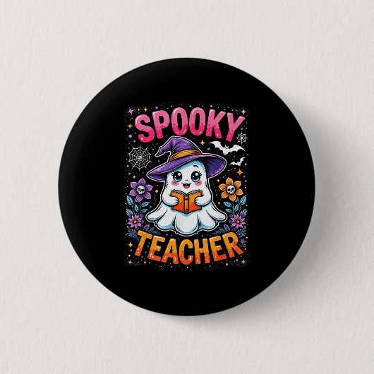 Spooky Teacher Niedlich Ghost Reading Buch Funny H Button (Vorderseite)