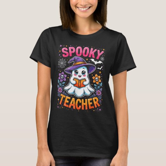 Spooky Teacher Niedlich Ghost Reading Buch Funny H T-Shirt (Vorderseite)