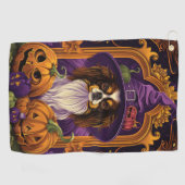 Spooky Tibetan Spaniel Hund Halloween Hexenkürbis Golfhandtuch (Horizontal)