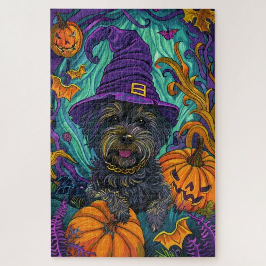 Spooky Tibetan Terrier Dog Halloween Hexenkürbis Puzzle (Vertikal)
