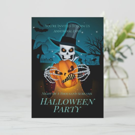 Spooky Top Hat Skeleton Einladung (Stehend Vorderseite)