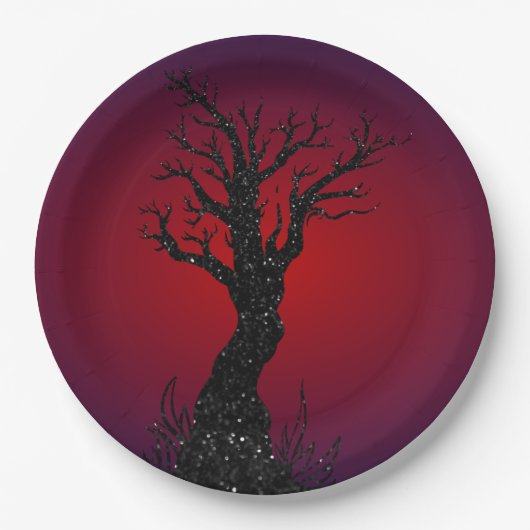 Spooky Tree Glitzer Halloween Pappteller (Vorderseite)