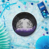 Spooky Tree Lila & Black Full Moon Bat Halloween Pappteller (Party)