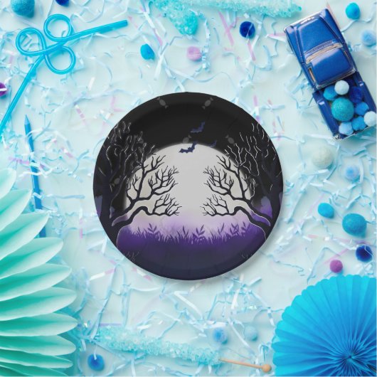 Spooky Tree Lila & Black Full Moon Bat Halloween Pappteller (Party)